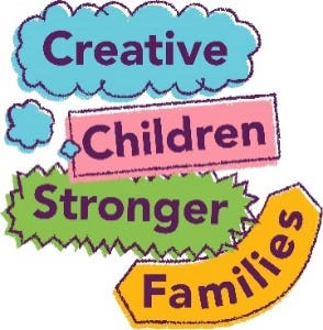 Creative Children Stronger Families logo - multicoloured drawing style shapes with text on it. Creative Children Stronger Families logo - multicoloured drawing style shapes with text on it.