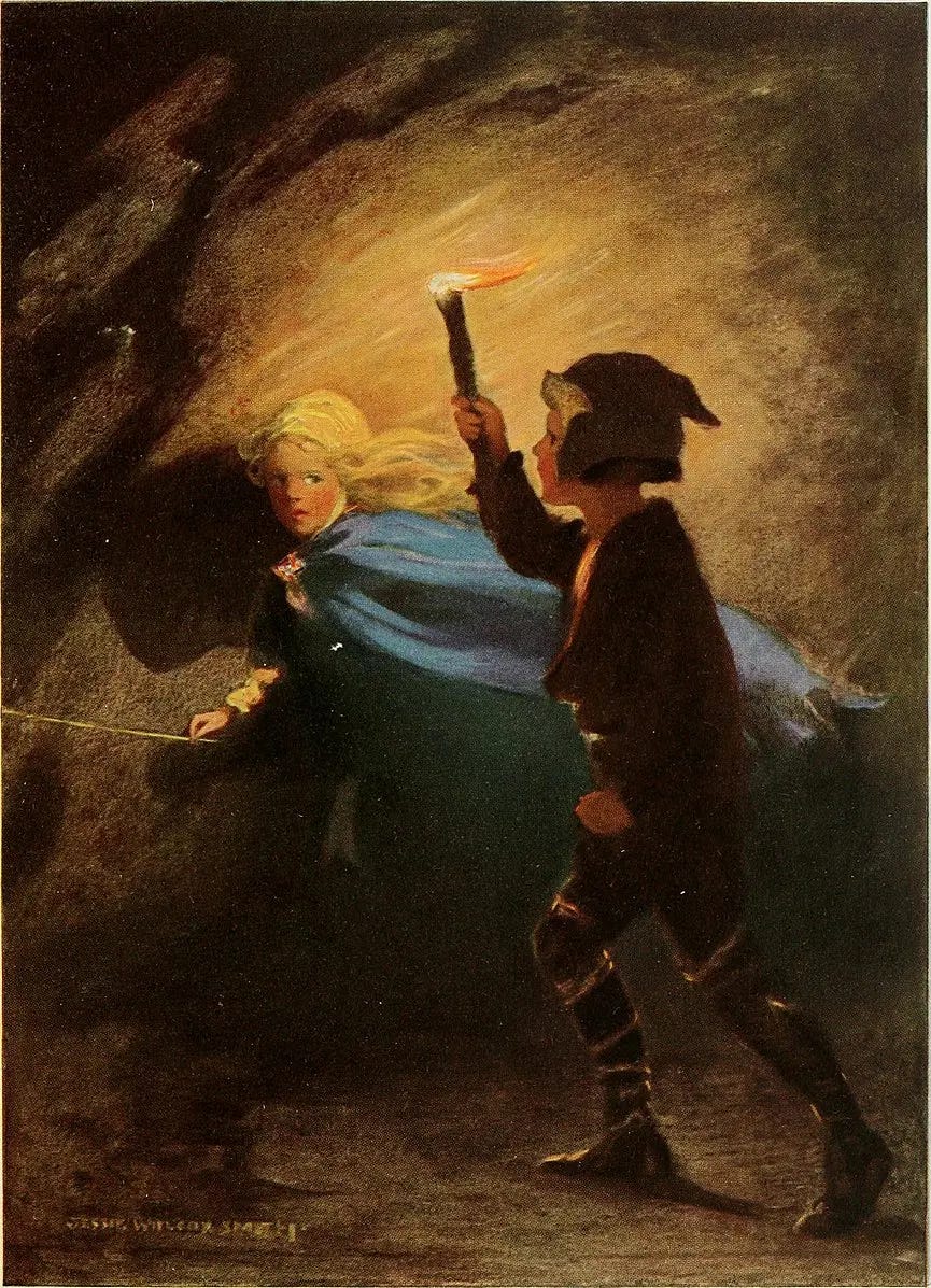 In this illustration from a 1920 edition of "The Princess and the Goblin," the princess teams up with the young miner boy, Curdie, as she follows a magical thread only she can see. (Public Domain) In this illustration from a 1920 edition of "The Princess and the Goblin," the princess teams up with the young miner boy, Curdie, as she follows a magical thread only she can see. (Public Domain)