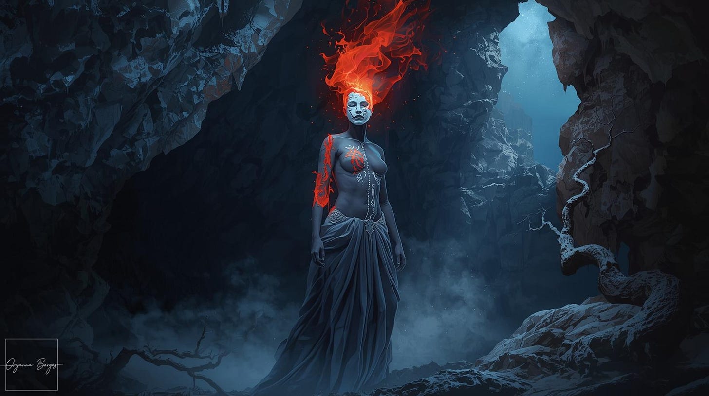 A surreal digital illustration of Persephone in a starry cavern. Her face is split: the left side sheds a human tear, while the right side burns with flames that solidify into a stark white, calcified war mask. Her body is painted in deep urucum red, merging with dissolving armor. In the background, a calcined tree and white daisies symbolize the duality of death and rebirth