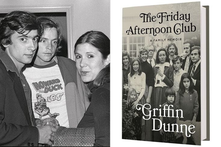 This may contain: two books about the friday afternoon club and an image of people in front of them