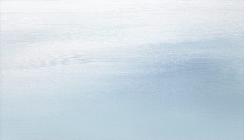 An abstract painting with broad, pale blue and white brush strokes.