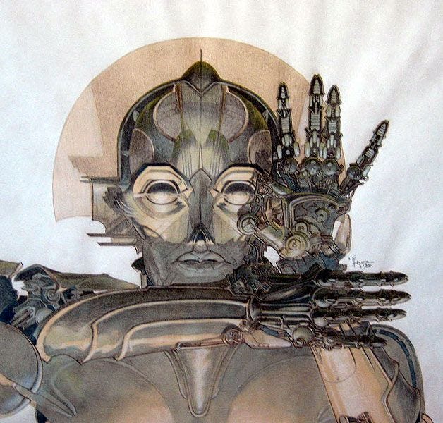 This may contain: a drawing of a man with his hands on his chest and face covered in mechanical parts