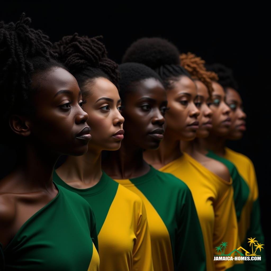 Close-up of a row of modern-day Jamaican women of diverse backgrounds — White — standing shoulder to shoulder, wearing the Jamaican flag as clothing, some with dreadlocks, some with braided or natural hairstyles, striking a proud and confident expression. Black background with cinematic lighting highlighting highly detailed faces and textures. Realistic and vibrant colors, powerful composition. Cinematic film still, shot on v-raptor XL, film grain, vignette, color graded, post-processed, 35mm film, live-action, best quality, atmospheric, a masterpiece, epic, stunning, dramatic. Close-up of a row of modern-day Jamaican women of diverse backgrounds — White — standing shoulder to shoulder, wearing the Jamaican flag as clothing, some with dreadlocks, some with braided or natural hairstyles, striking a proud and confident expression. Black background with cinematic lighting highlighting highly detailed faces and textures. Realistic and vibrant colors, powerful composition. Cinematic film still, shot on v-raptor XL, film grain, vignette, color graded, post-processed, 35mm film, live-action, best quality, atmospheric, a masterpiece, epic, stunning, dramatic.