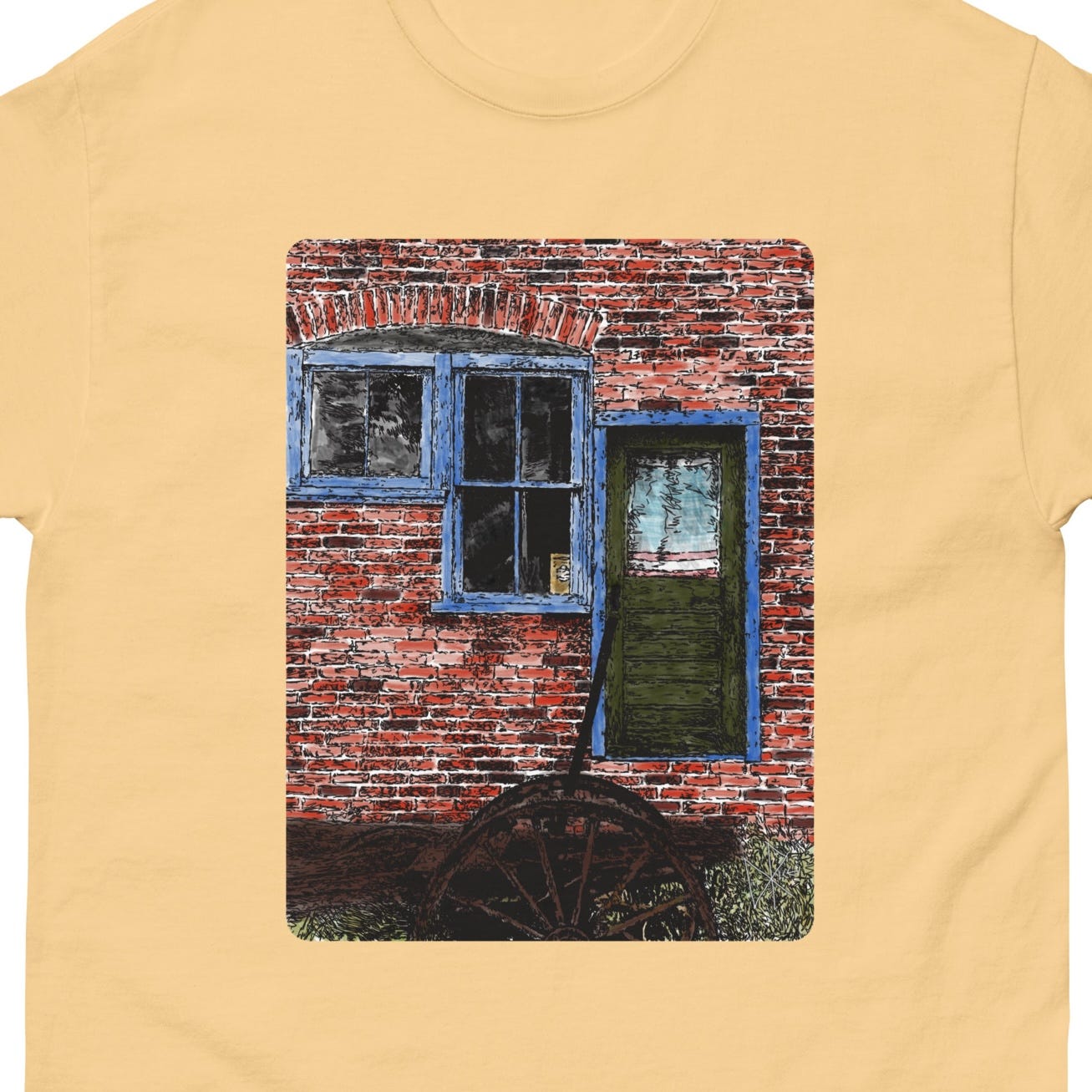 A wooden wagon chassis in a historic heritage site. Behind the chassis is a brick building. Sketch art by Don Rice.