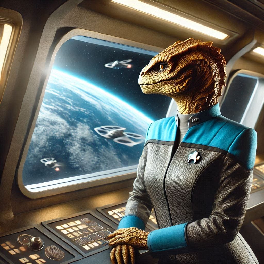 Female Reptilian starfleet Officer in uniform looking at Earth from a window of her spaceship