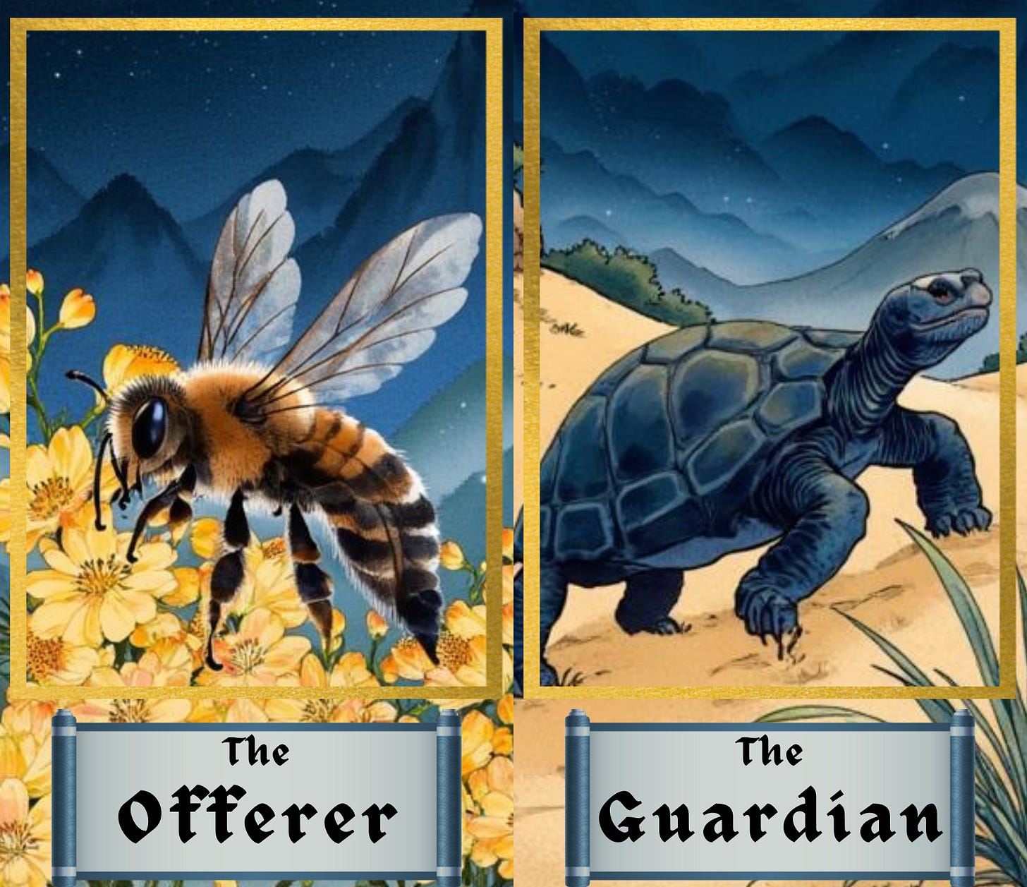 Two ink sketch images, side by side, representing two of the six AuthorKind Archetypes for states of creativity as developed by JL Tooker: The Offerer and The Guardian. Rendered in blues and beiges, with artwork framed in gold, evoking the style of a tarot card.