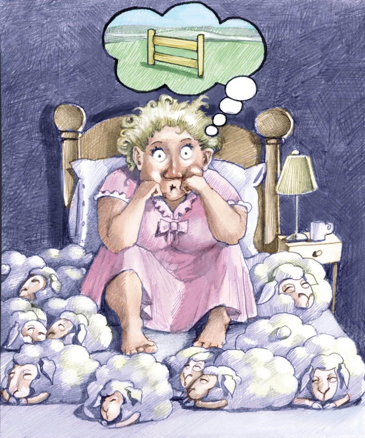 Cartoon. Woman sitting up awake, thinking of fence. All the sheep asleep around her.