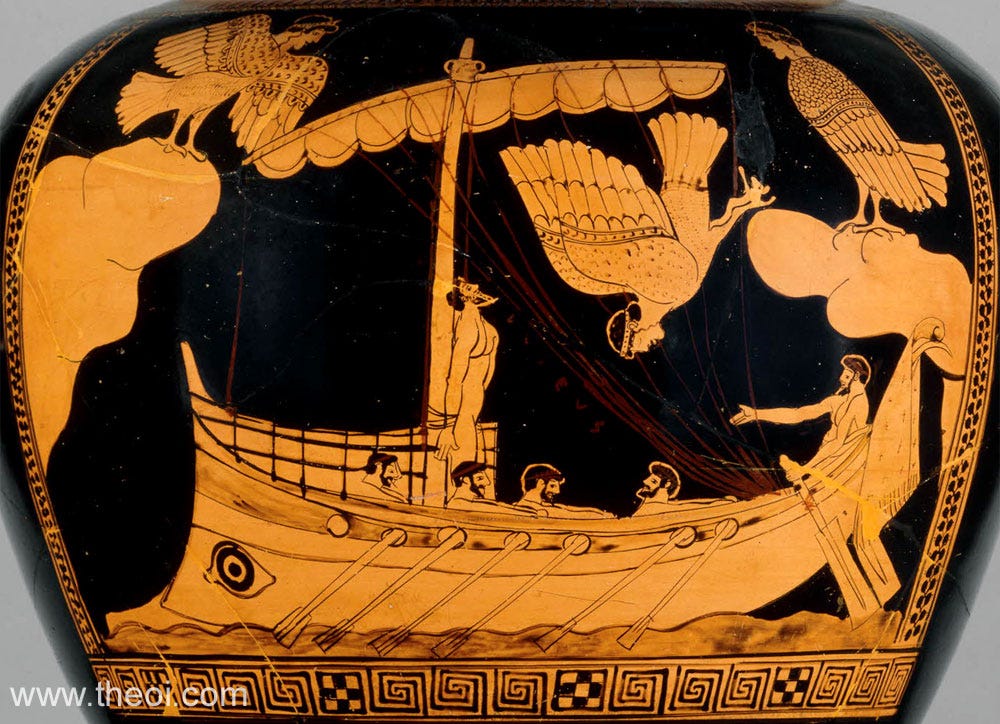 Odysseus & Sirens | Attic red figure vase painting