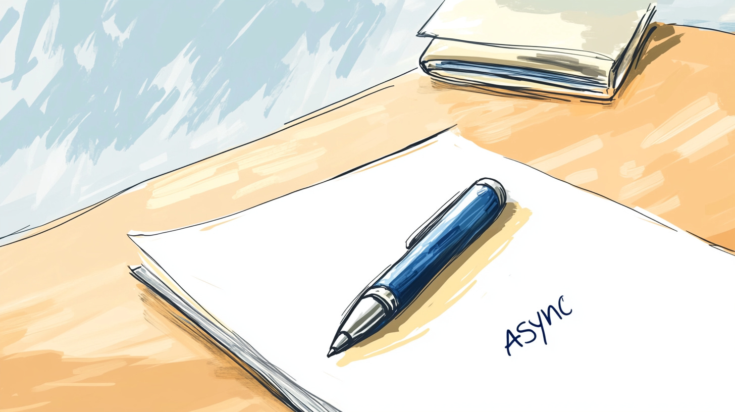 A pen and paper on a desk. "Async" is written on the paper.