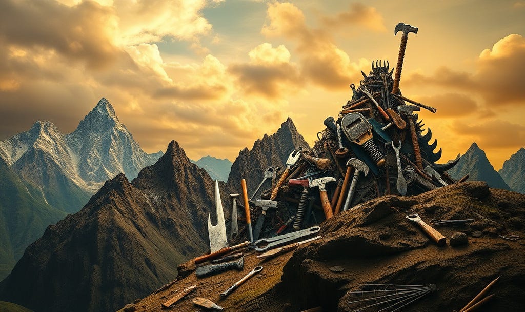 Dramatic surreal mountain range made out of tools in Salvador Dali style.