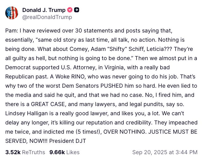 A screenshot of a Truth Social post by Donald J. Trump. The post includes text discussing legal and political matters, mentioning Pam Bondi, James Comey, Adam Schiff, and Lindsey Halligan. A profile icon of Donald J. Trump is visible on the left side. The text is formatted in a standard social media layout with timestamps, likes, and retweet counts.
