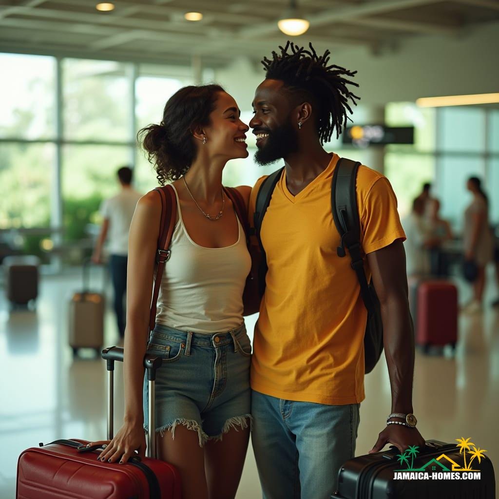 Couple arriving in Jamaica, capturing the joy and emotion of coming home.