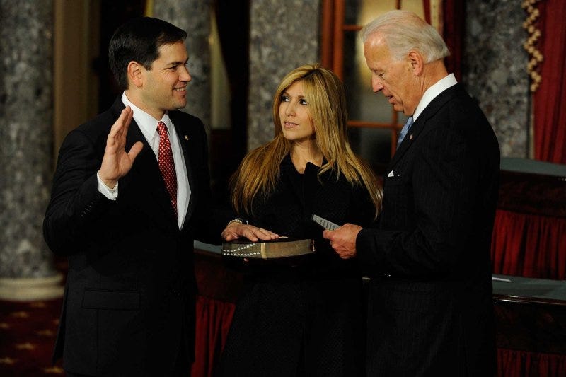 Vice President Joe Biden administers the oath of office to Senator Marco Rubio for the U.S. Senate on January 5, 2010, in Washington, D.C., with his wife Jeanette looking on. Vice President Joe Biden administers the oath of office to Senator Marco Rubio for the U.S. Senate on January 5, 2010, in Washington, D.C., with his wife Jeanette looking on.