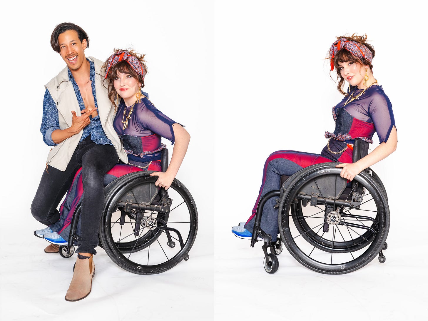 A female model in a wheelchair and a male designer posing in a studio. The image on the left shows them together, both smiling. The image on the right is a solo portrait of the model looking poised and confident in her custom-designed outfit. A female model in a wheelchair and a male designer posing in a studio. The image on the left shows them together, both smiling. The image on the right is a solo portrait of the model looking poised and confident in her custom-designed outfit.