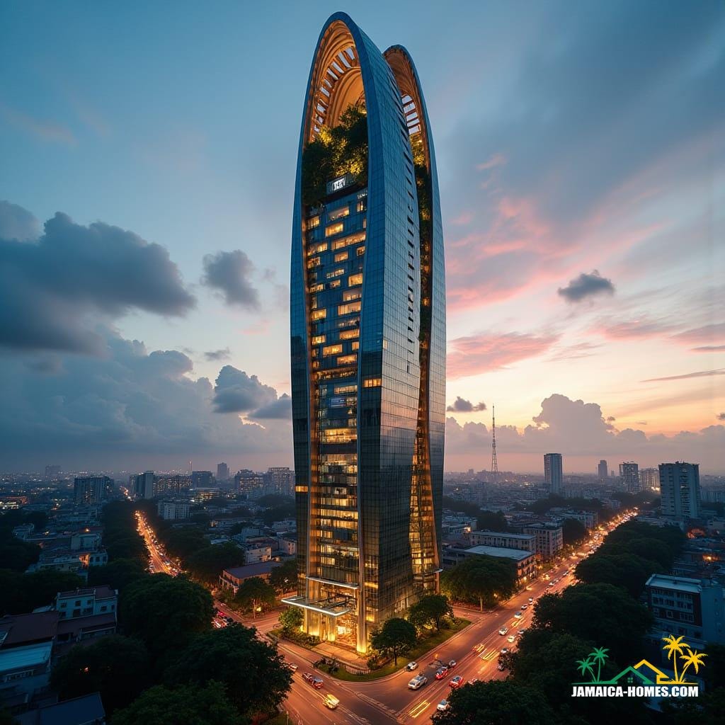 Downtown Kingston's iconic skyscraper, "Jah Rise", stands tall with sleek, futuristic curves, juxtaposed with traditional Jamaican cultural