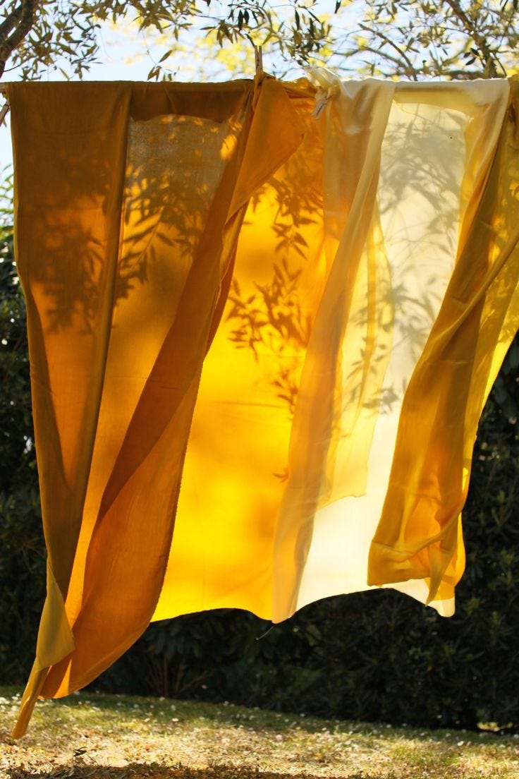 This may contain: yellow fabric hanging from a clothes line in front of some bushes and tree branches on a sunny day