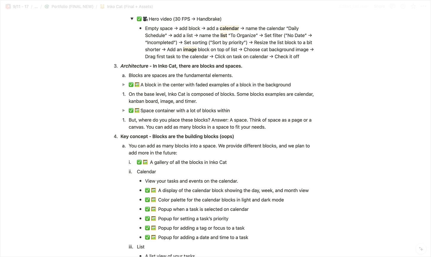 Notion document outlining Guo's case study structure
