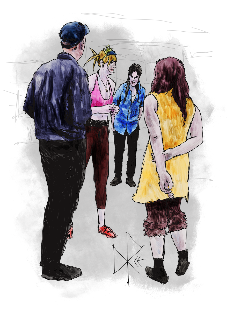Four people stand and have a conversation while attending a live event. Sketch art by Don Rice. Four people stand and have a conversation while attending a live event. Sketch art by Don Rice.