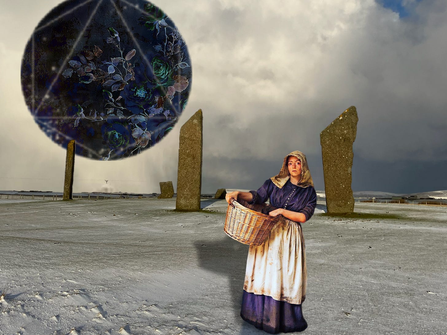 A digital collage of giant standing stones in snow with low billowing clouds.  A big circle is indigo blue with a floral print and a geometric shape--many triangles overlaid. This is almost like a dark moon. IN the foreground a woman in 17th century attire--a woad blue dress and white apron with a head covering carries a basket and looks to the side with alert caution