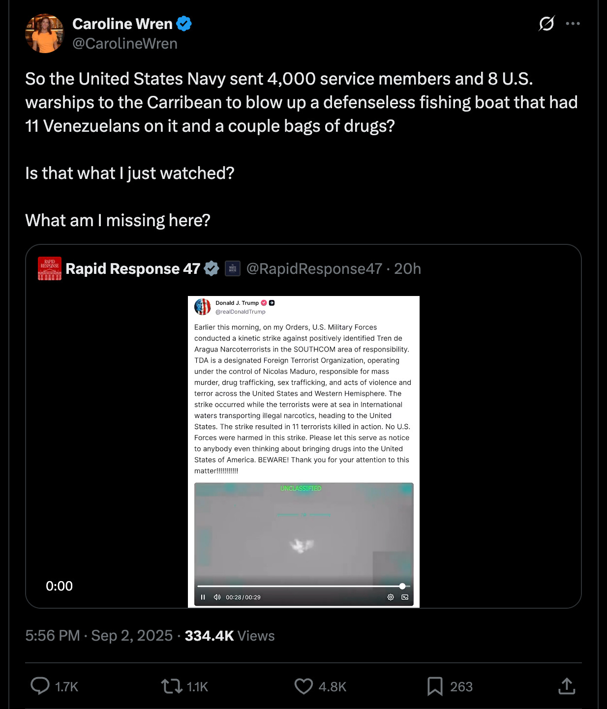Caroline Wren on Twitter: So the United States Navy sent 4,000 service members and 8 U.S. warships to the Carribean to blow up a defenseless fishing boat that had 11 Venezuelans on it and a couple bags of drugs? Is that what I just watched? What am I missing here? Caroline Wren on Twitter: So the United States Navy sent 4,000 service members and 8 U.S. warships to the Carribean to blow up a defenseless fishing boat that had 11 Venezuelans on it and a couple bags of drugs? Is that what I just watched? What am I missing here?