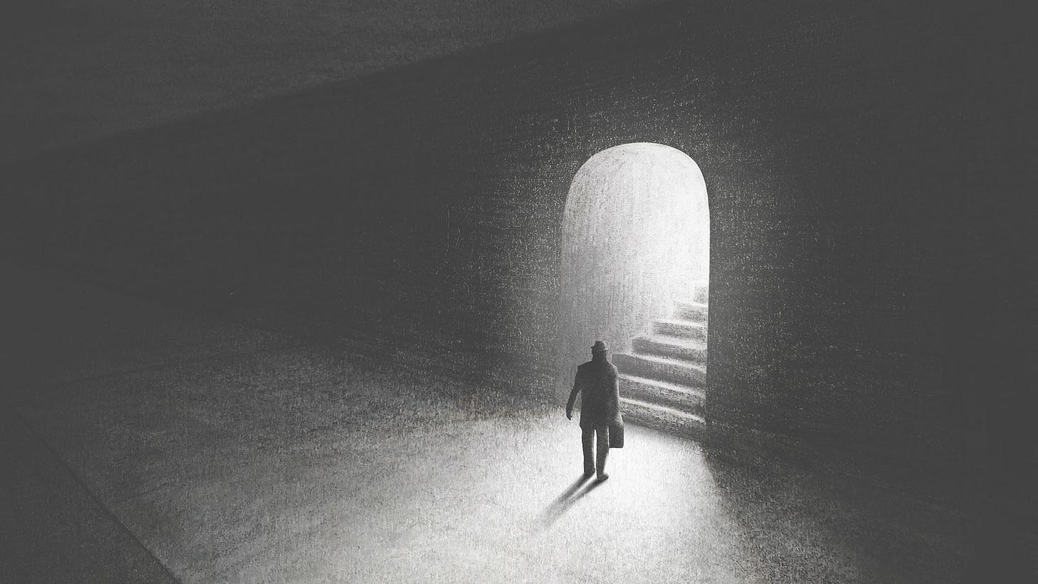 Illustration of person at the foot of mysterious stairs. © Fran Kie / Adobe Stock