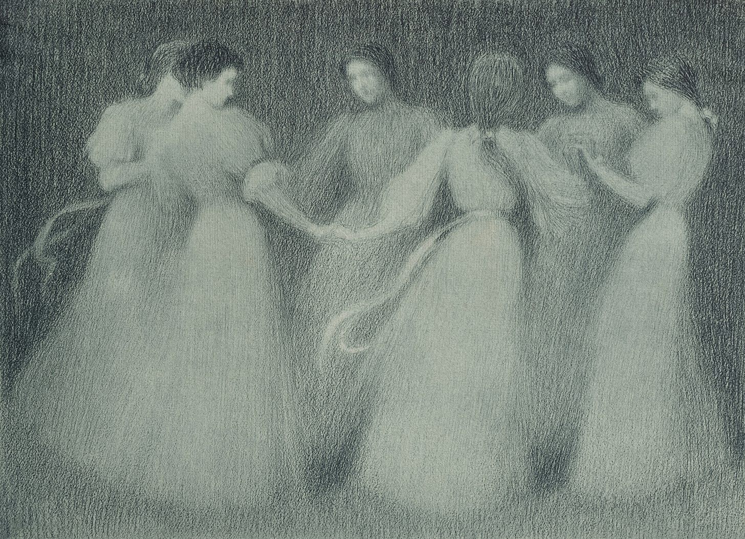 pen & ink drawing of Victorian era ladies dancing in circle