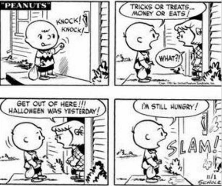 Peanuts comic strip from 1951 and a photo of kids in costumes in 1966.