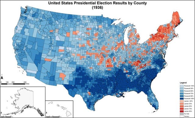 r/MapPorn - Map of the 1936 U.S Presidential Election during the height of Franklin Roosevelt’s popularity (Wikipedia)