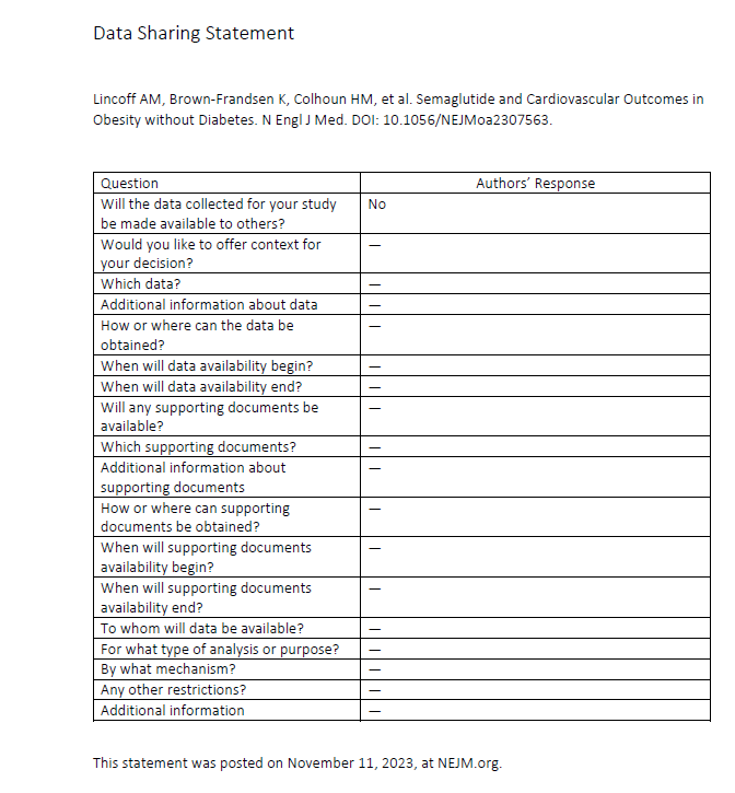 Data Sharing Statement  Lincoff AM, Brown-Frandsen K, Colhoun HM, et al. Semaglutide and Cardiovascular Outcomes in Obesity without Diabetes. N Engl J Med. DOI: 10.1056/NEJMoa2307563.  Question	Authors' Response Will the data collected for your study be made available to others?	No Would you like to offer context for your decision?	[X] The rest of the questions in the table are about how and when the data would be made available, but the authors have indicated that the data will not be shared.