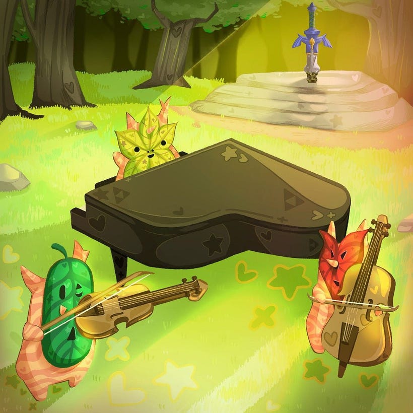 Zelda critters play classic instruments in the soft light of the Master Sword
