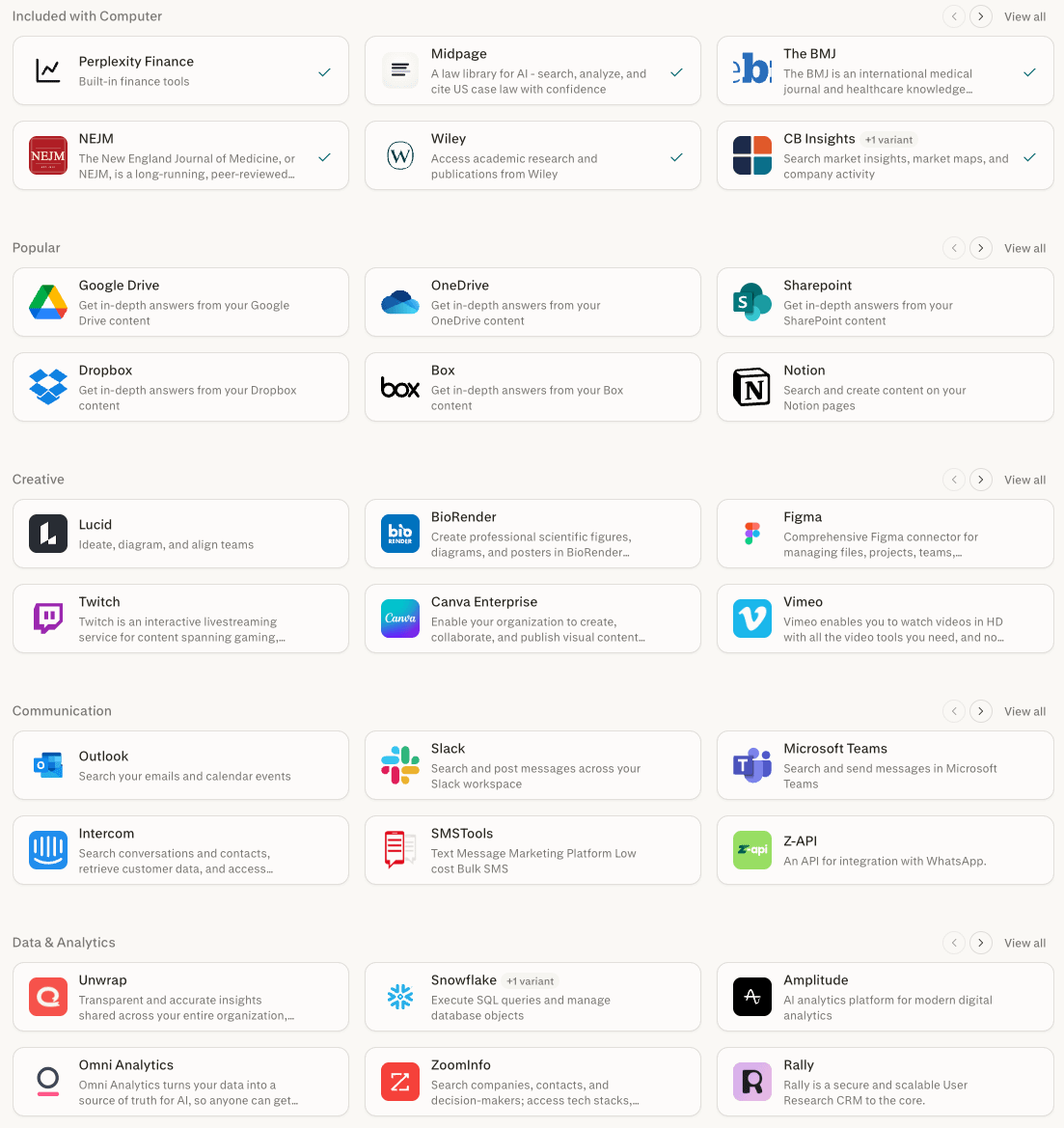 Perplexity Computer app connectors for AI workflow automation across Google Drive, Slack, Notion, and business tools