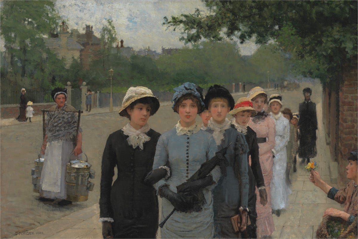 Sir George Clausen, 1852–1944, Schoolgirls, 1880, Oil on canvas, Yale Center for British Art, Paul Mellon Collection, B1985.10.1.