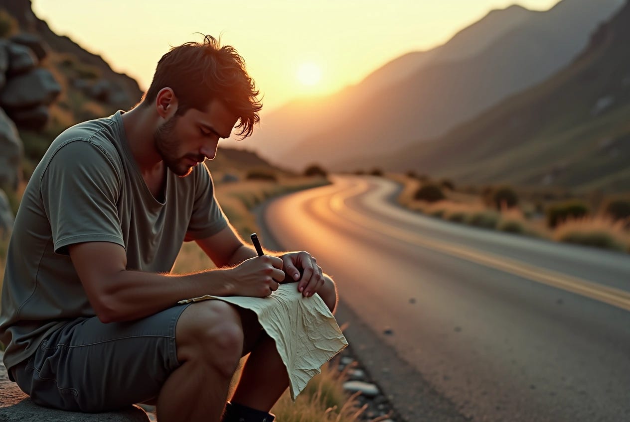 Lone man writing a note on paper by a road.