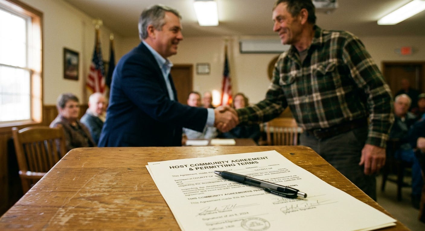 A close-up of a signed legal document titled Host Community Agreement resting on a wooden table inside a county hall, with local officials shaking hands out of focus in the background. A close-up of a signed legal document titled Host Community Agreement resting on a wooden table inside a county hall, with local officials shaking hands out of focus in the background.