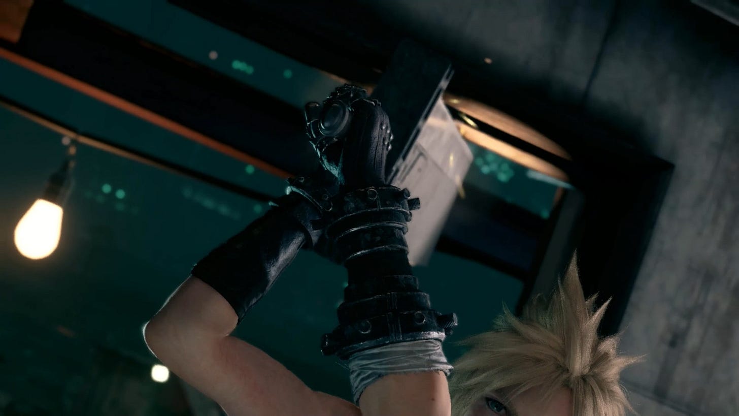 Cloud accidentally hits the doorframe with his buster sword.