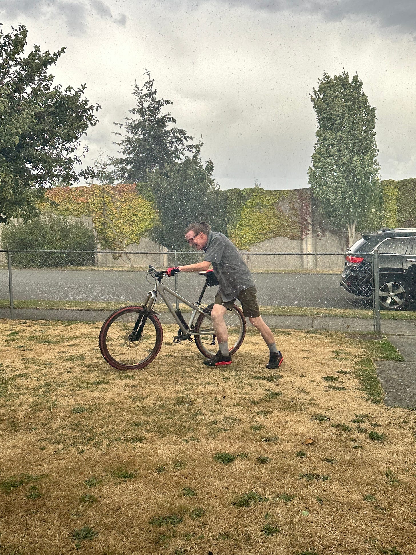 Man pushing a mountain bike across a yard in heavy rain. The late summer grass is brown. On the right the rear half of a parked car is seen beyond a chain link fence. Across the street there is an ivy covered wall.