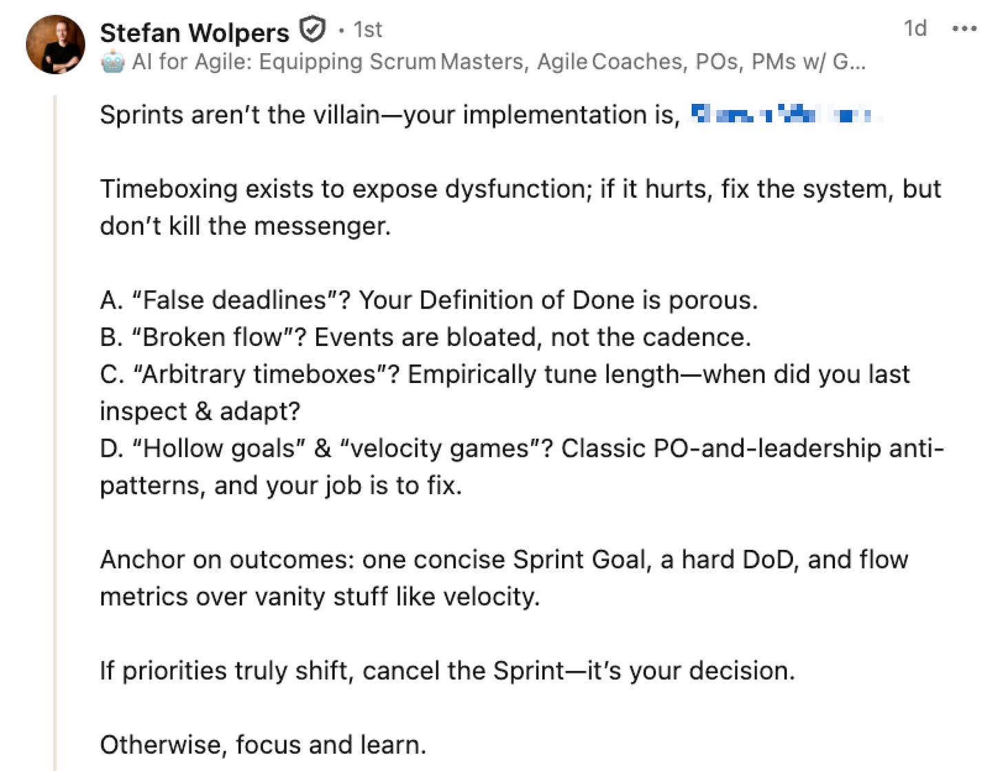 Screenshot of Stefan Wolpers’ reply to a 9-point thesis on the evils of timeboxes.
