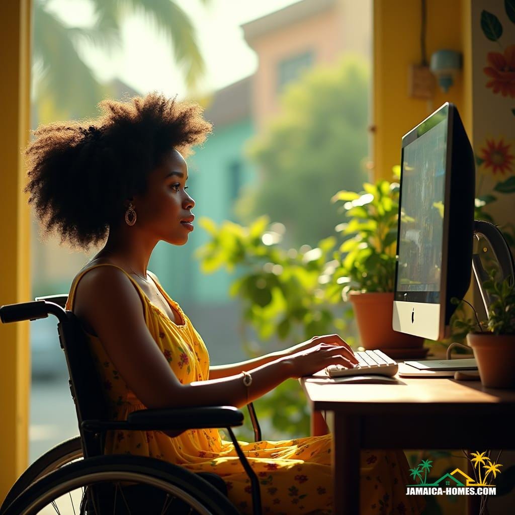 Mixed-race woman with Afro-Caribbean features and curly dark hair, wearing a vibrant yellow sundress with floral patterns, seated in a wheelchair, her eyes fixed intently on a computer screen as she searches for a new home in Jamaica, surrounded by lush greenery and colorful buildings, warm sunlight casting a golden glow, computer screen reflecting the bright Jamaican scenery, cinematic film still, evoking the style of Steve McQueen, Ava DuVernay, and Barry Jenkins, with a blend of realism and poeticism, shot on a virtual V-Raptor XL, with pronounced film grain, subtle vignette, and rich color grading, post-processed to enhance the atmospheric tension, cinematic lighting emphasizing the subject's emotional depth, reminiscent of 35mm film, with a live-action feel, exuding a sense of hope and longing, a masterpiece of storytelling, epic in scope, stunning in its beauty, dramatic in its emotional resonance.