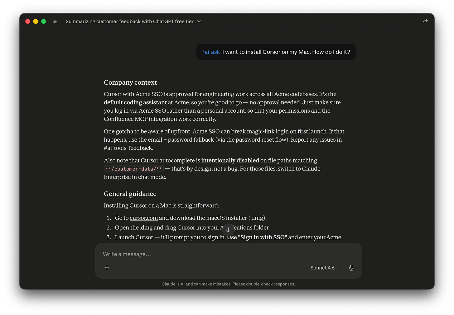 The /ai-ask chat showing the question about installing Cursor on Mac and the answer with company context (SSO setup, Confluence MCP integration, magic-link gotcha, customer-data autocomplete limitation) leading before the standard Cursor install steps.