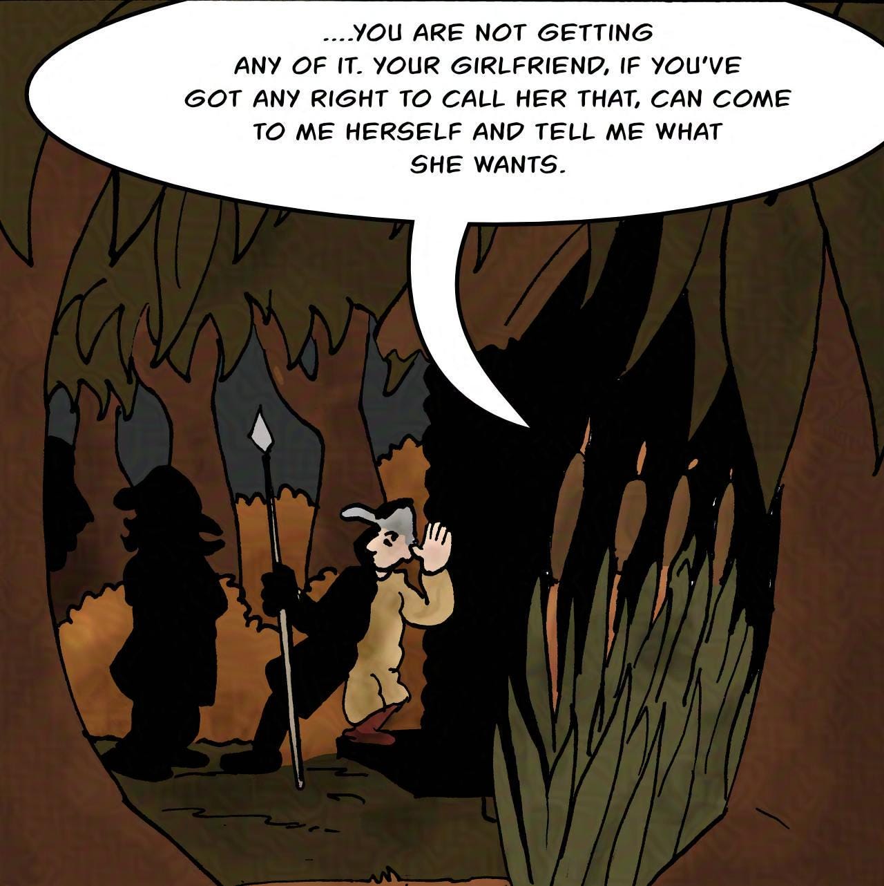 Panel 6. Outside, Owen is listening in while Sheriff Hogsworth waits. Kel (from inside): ... you are not getting any of it. Your girlfriend, if you've got any right to call her that, can come to me herself and tell me what she wants.