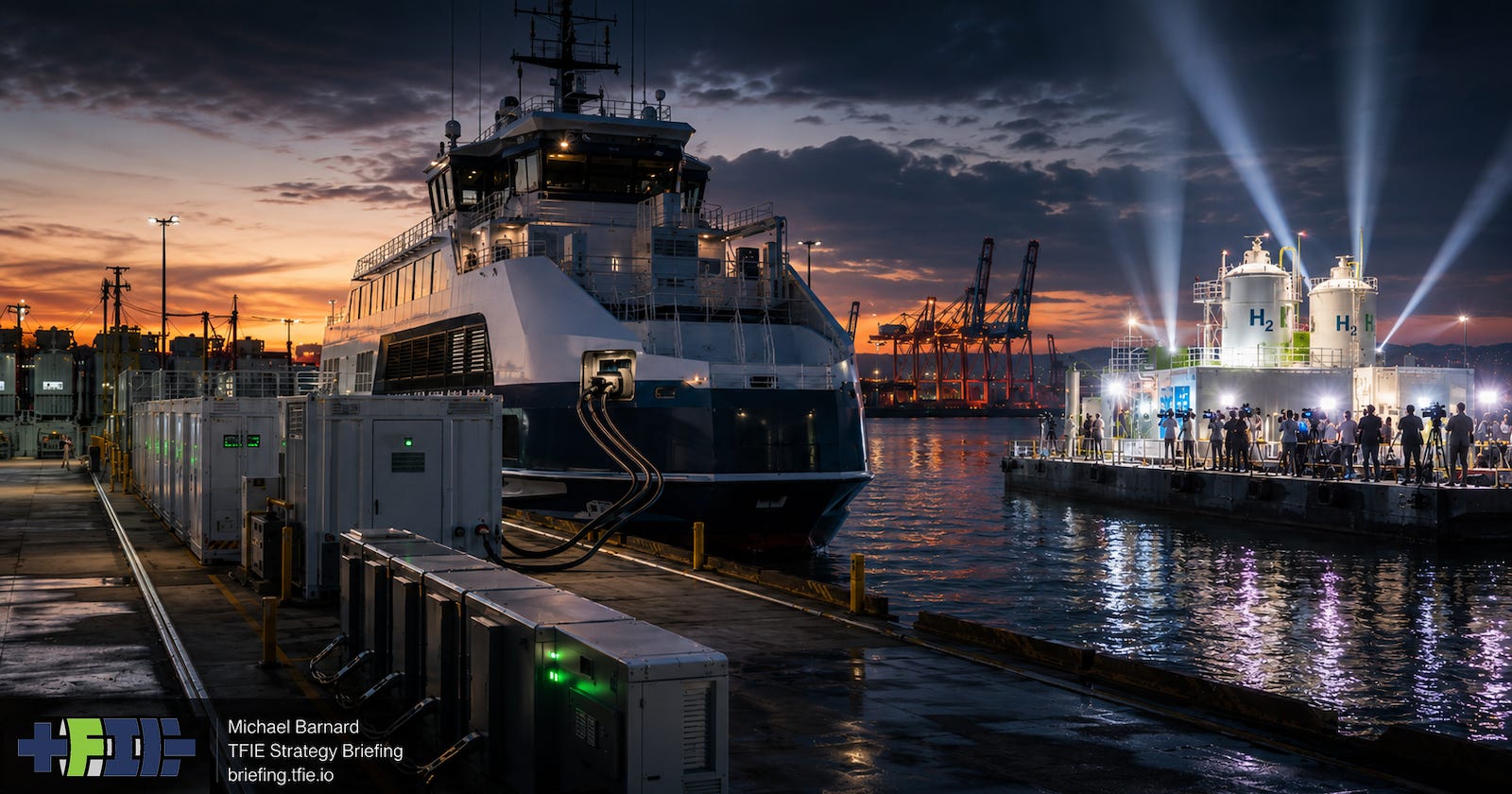 At dusk in a commercial port, a large electric vessel is connected by heavy charging cables to containerized battery and electrical equipment on the quay. Across the water, a hydrogen platform with large H₂ tanks is brightly illuminated by spotlights and surrounded by photographers and media crews, contrasting routine battery electrification with the publicity surrounding hydrogen.