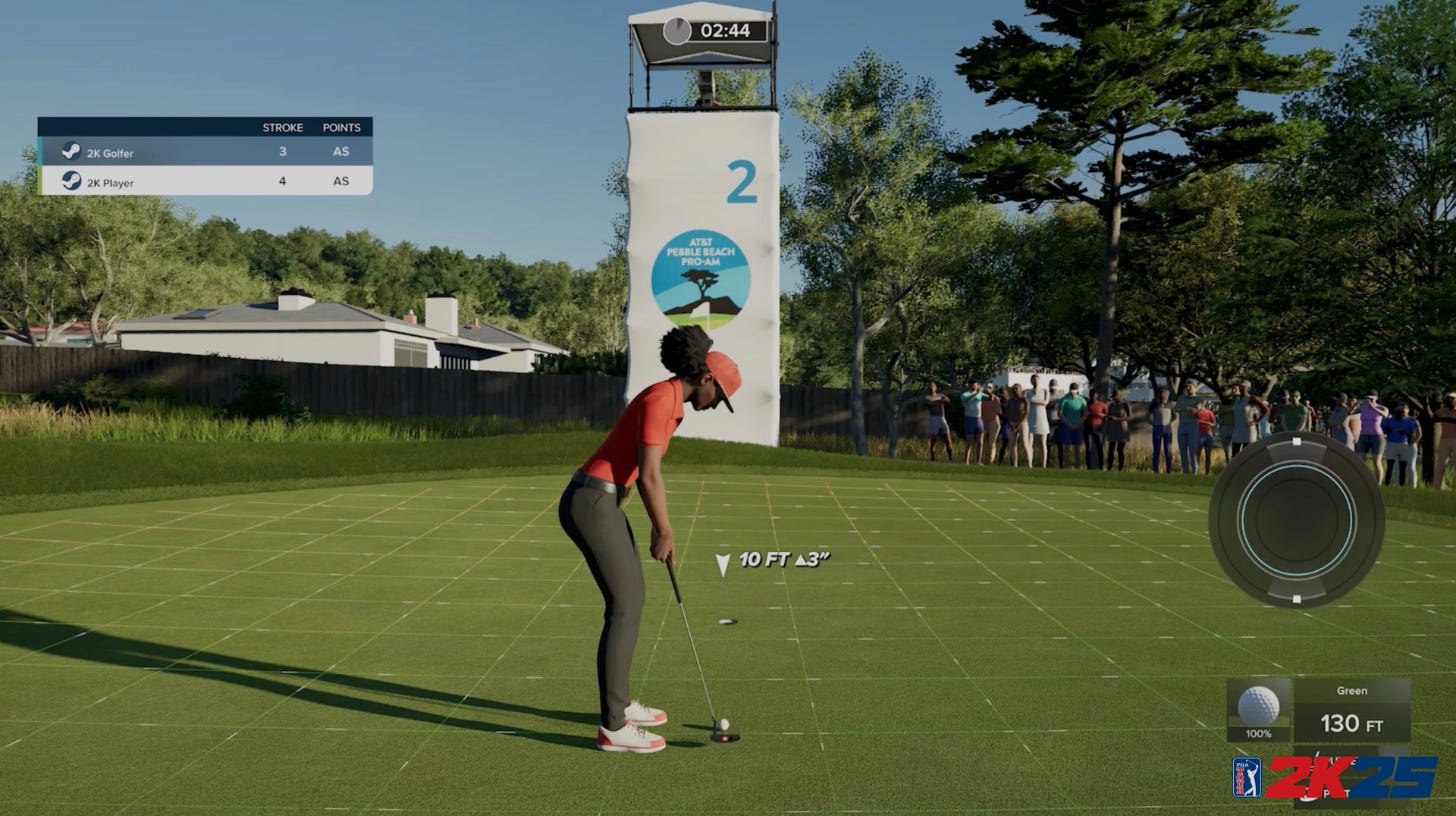 PGA Tour 2K25 putting green showing slope and putting line
