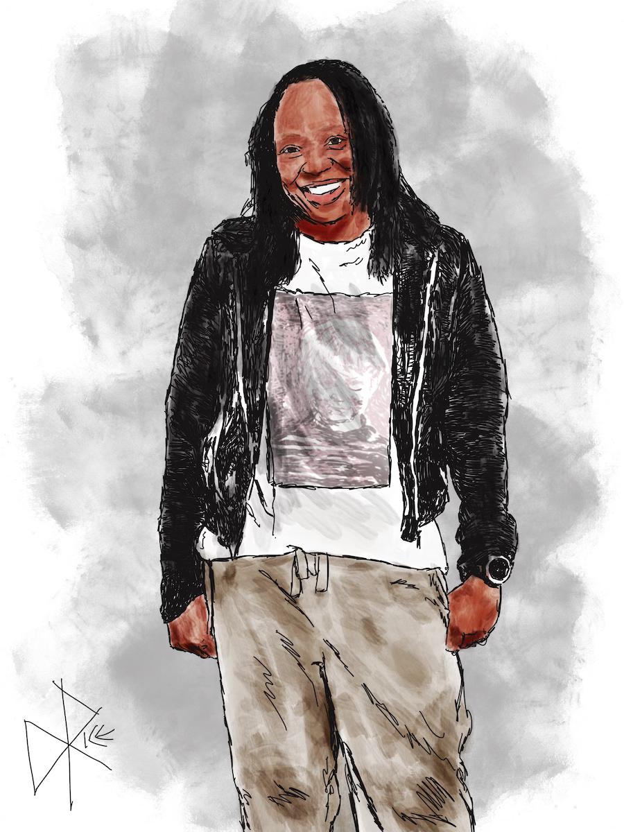 A smiling woman, rocking the casual look with a chunky watch, black leather jacket and cargo pants. Sketch art by Don Rice.