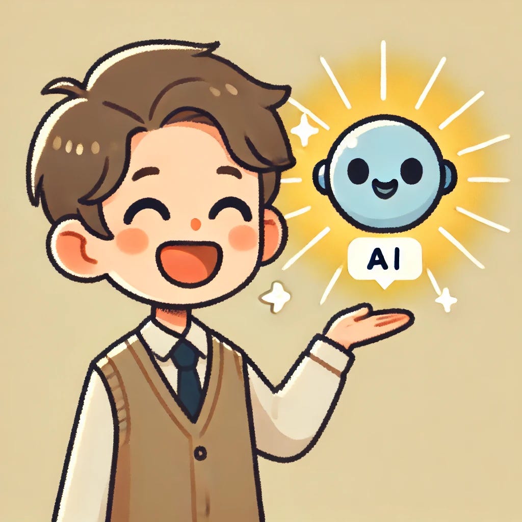 A cartoon-style illustration of a happy student holding up a glowing, friendly AI interface. The interface has a smiling face, radiating warm and inviting light. The background is simple and neutral to keep the focus on the student and the glowing AI interface. The overall style is lighthearted, cheerful, and clean, suitable for a blog illustration.