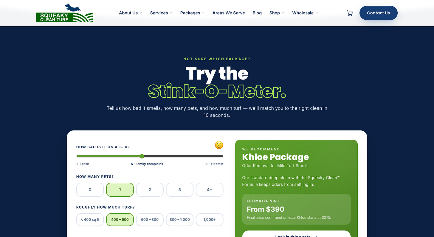 The Stink-O-Meter interactive estimator on squeakycleanturf.com, with sliders for smell severity, pet count, and turf square footage, recommending the Khloe Package with an estimated visit price from $390 The Stink-O-Meter interactive estimator on squeakycleanturf.com, with sliders for smell severity, pet count, and turf square footage, recommending the Khloe Package with an estimated visit price from $390