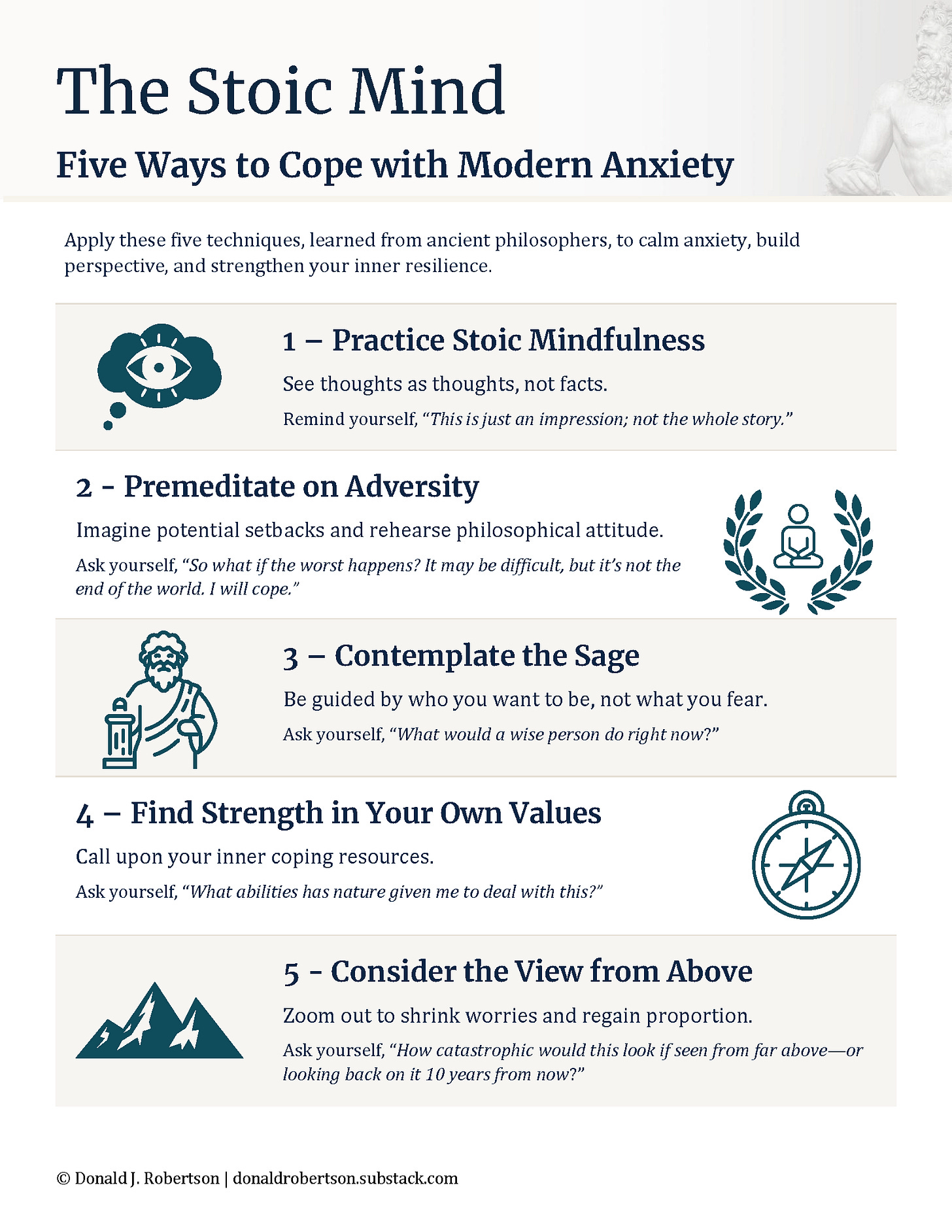 Infographic titled “Five Ways to Cope with Modern Anxiety” listing five numbered techniques: 1) Practice Stoic Mindfulness, 2) Premeditate on Adversity, 3) Contemplate the Sage, 4) Find Strength in Your Own Values, 5) Consider the View from Above. Each technique has a small icon next to it.