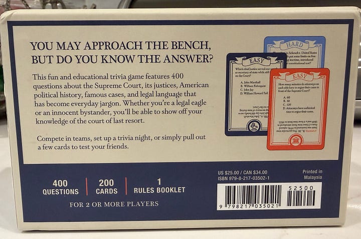 Pictures of the "Supreme Court Trivia" game, including the top, front, and rear panels.