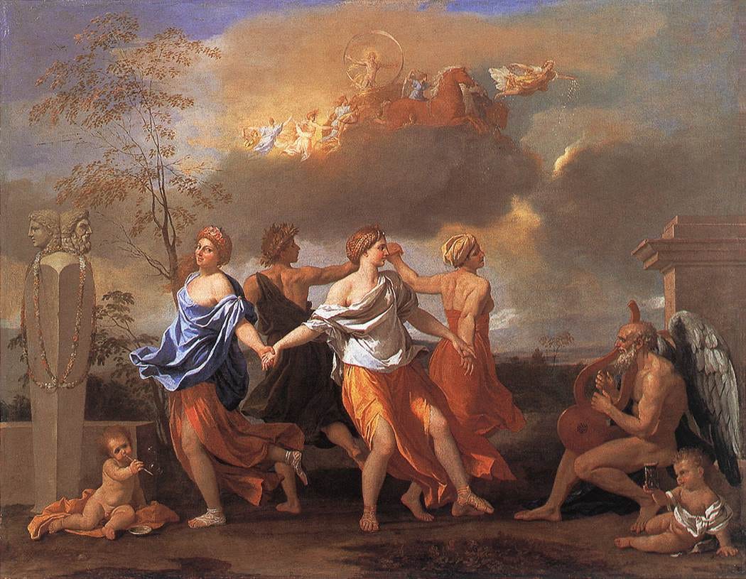 Four figures dancing in a ring while an old man plays a lyre Four figures dancing in a ring while an old man plays a lyre