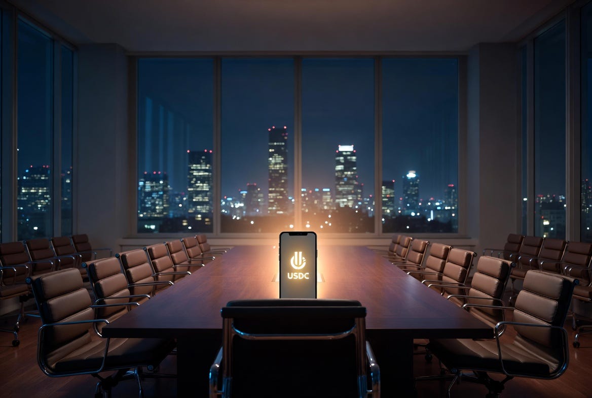 An empty corporate boardroom at night with a single smartphone glowing at the far end of the table displaying a USDC logo, evoking power without accountability. An empty corporate boardroom at night with a single smartphone glowing at the far end of the table displaying a USDC logo, evoking power without accountability.