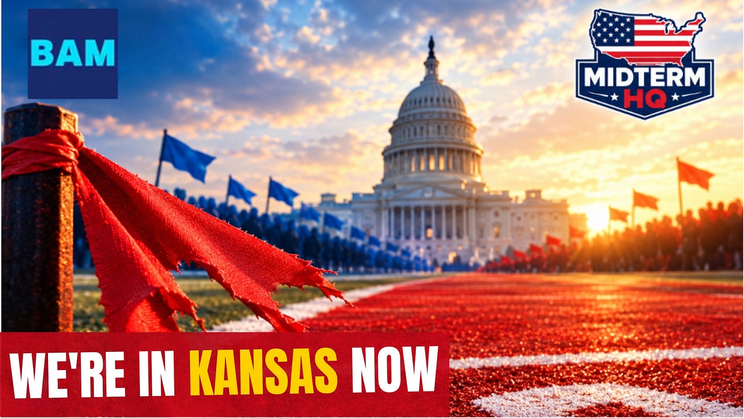 image of Capitol with red and blue teams and the caption "We're in Kansas Now" image of Capitol with red and blue teams and the caption "We're in Kansas Now"